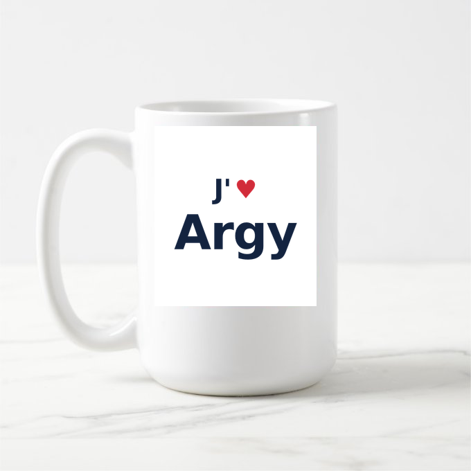 Mug personnalisé Argy — design « J'aime Argy » imprimé sur le mug