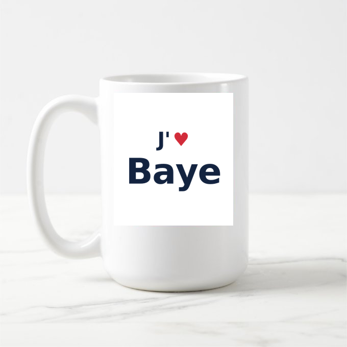 Mug personnalisé Baye — design « J'aime Baye » imprimé sur le mug