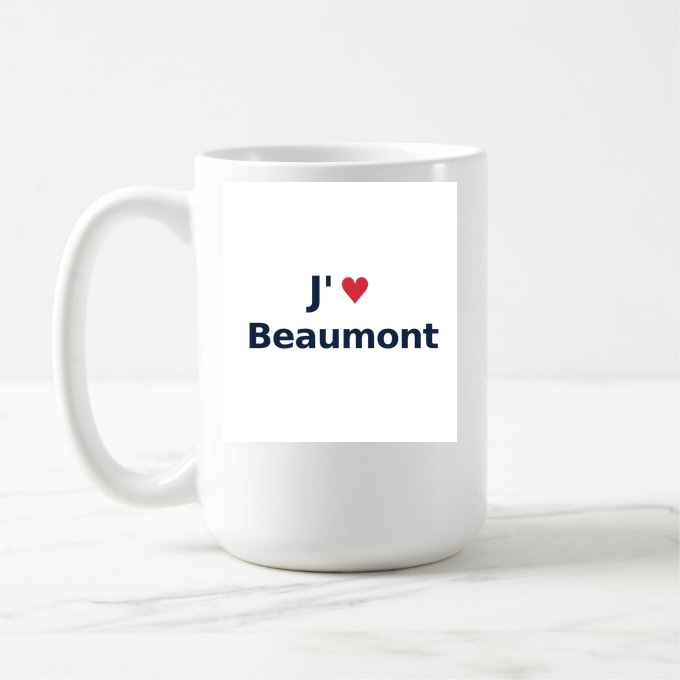 Mug personnalisé Beaumont — design « J'aime Beaumont » imprimé sur le mug