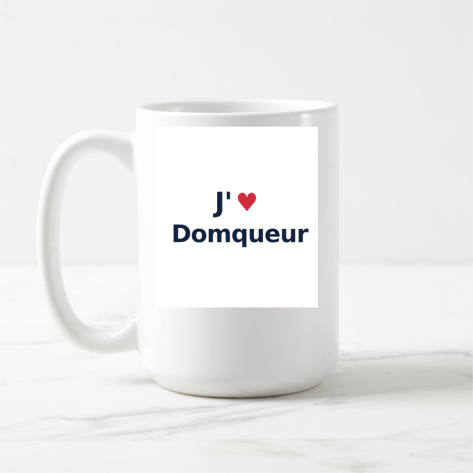 Mug personnalisé Domqueur — design J'aime Domqueur
