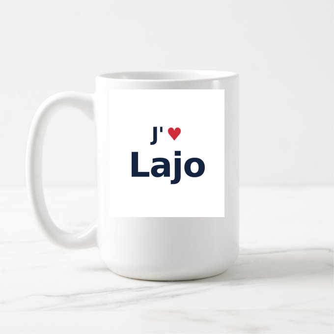 Mug personnalisé Lajo — design « J'aime Lajo » imprimé sur le mug