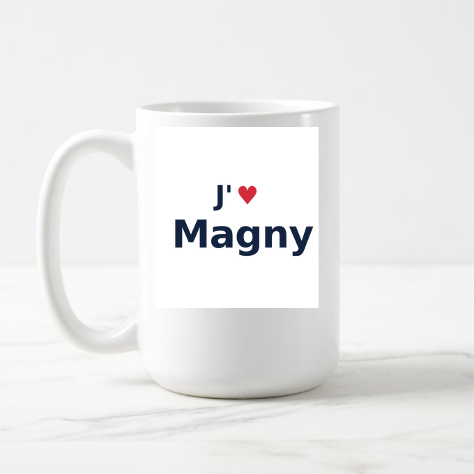 Mug personnalisé Magny — design « J'aime Magny » imprimé sur le mug