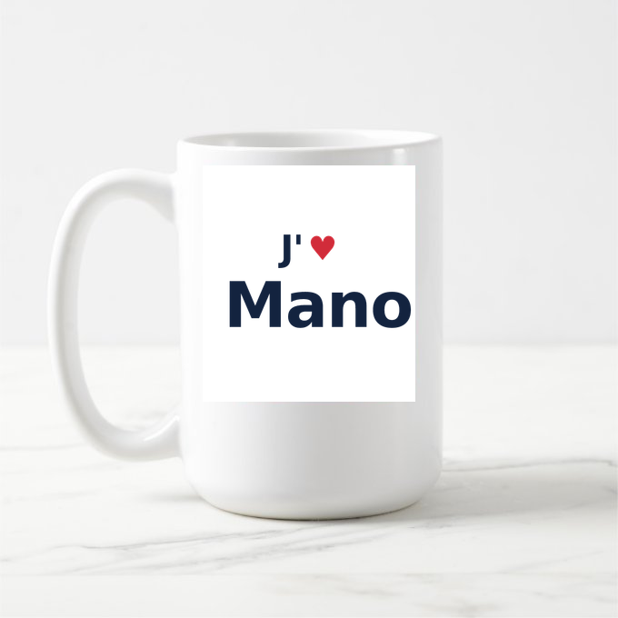 Mug personnalisé Mano — design « J'aime Mano » imprimé sur le mug