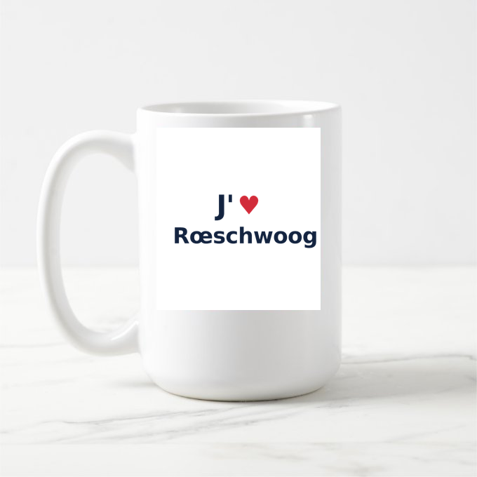 Mug personnalisé Rœschwoog — design « J'aime Rœschwoog » imprimé sur le mug