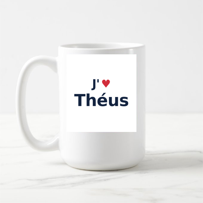 Mug personnalisé Théus — design « J'aime Théus » imprimé sur le mug