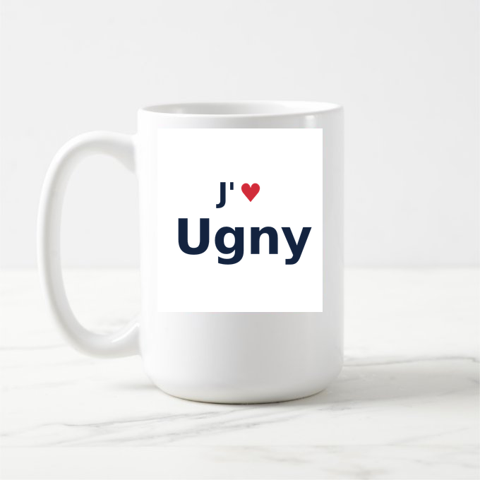 Mug personnalisé Ugny — design « J'aime Ugny » imprimé sur le mug