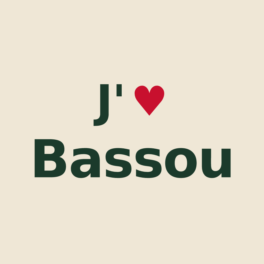 Tote bag personnalisé Bassou — design « J'aime Bassou » imprimé sur le tote bag