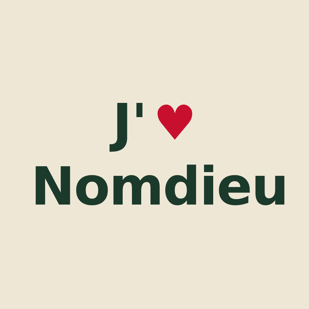 Tote bag personnalisé Nomdieu — design « J'aime Nomdieu » imprimé sur le tote bag