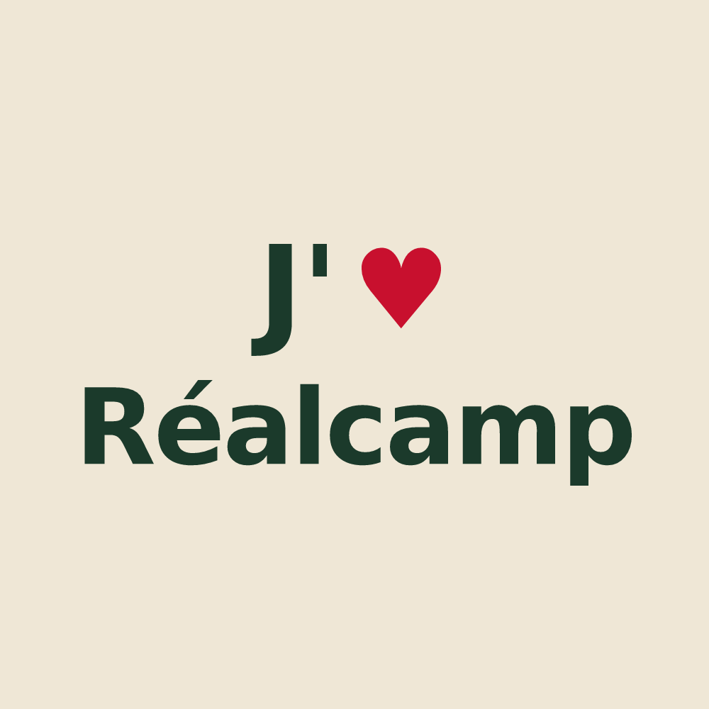 Tote bag personnalisé Réalcamp — design J'aime Réalcamp